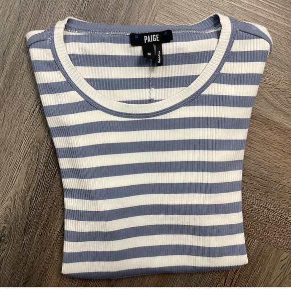 PAIGE Senne Tee Womens Medium Blue Ivory Striped Ribbed Lettuce Hem Top Preppy - Picture 3 of 9